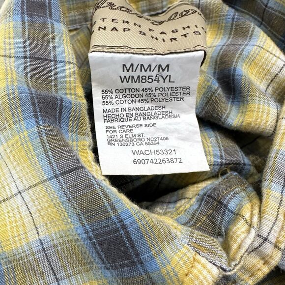 Y2K Wrangler Western Blue Yellow Plaid Pearl Snap Sleeved Shirt Mens M‎ Cowboy - Picture 4 of 8